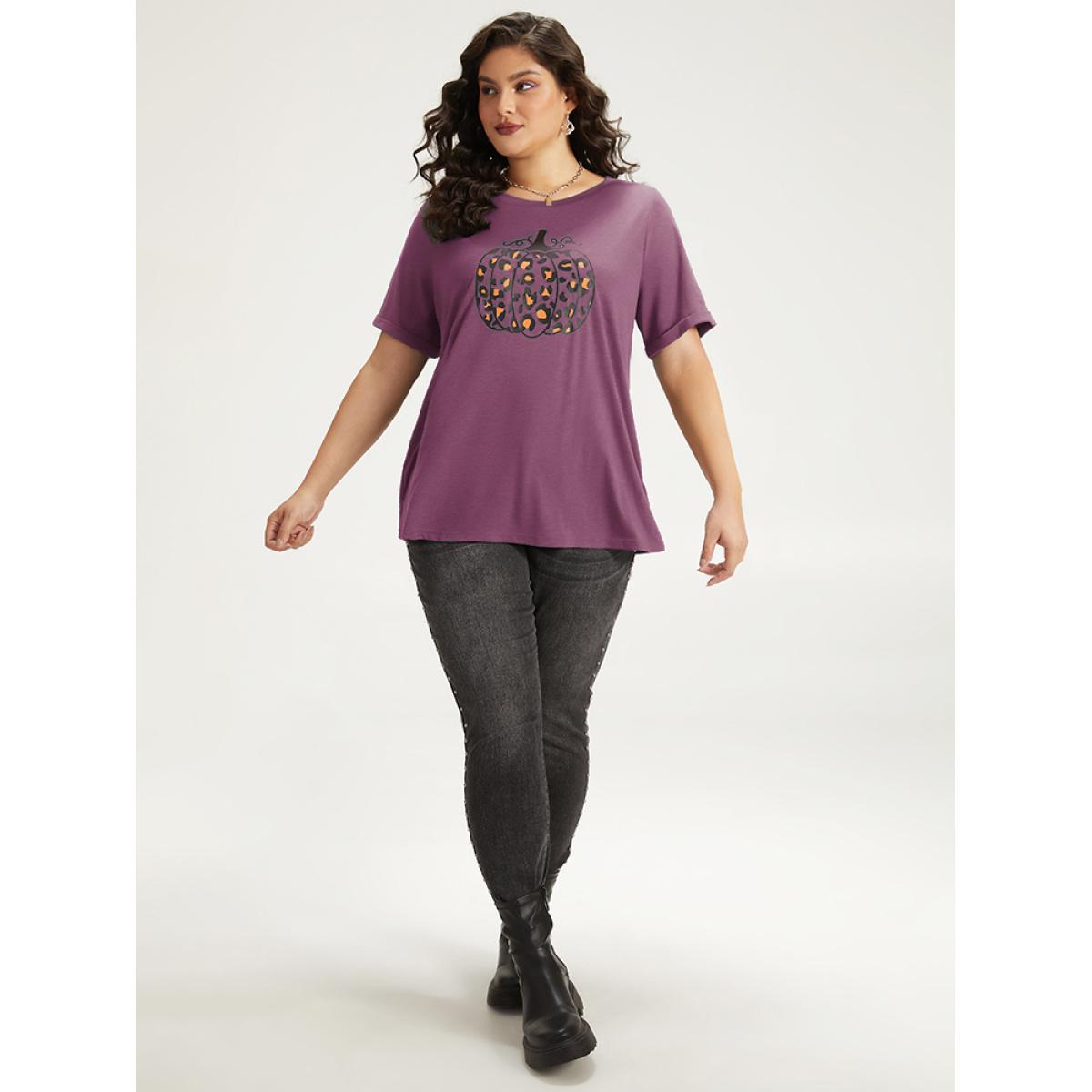 Plus Size Halloween Pumpkin Print Crew Neck T-shirt DustyPink Women Casual Printed Halloween Dailywear T-shirts BloomChic 12/L Product Image