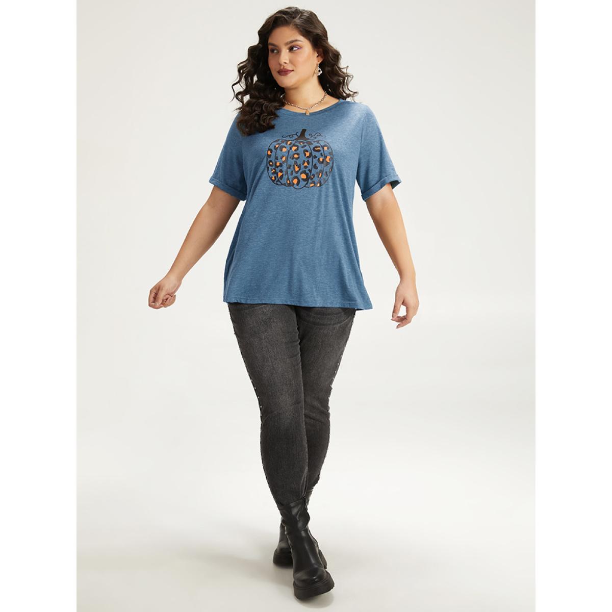 Plus Size Halloween Pumpkin Print Crew Neck T-shirt Cerulean Women Casual Printed Halloween Dailywear T-shirts BloomChic 18-20/2X Product Image