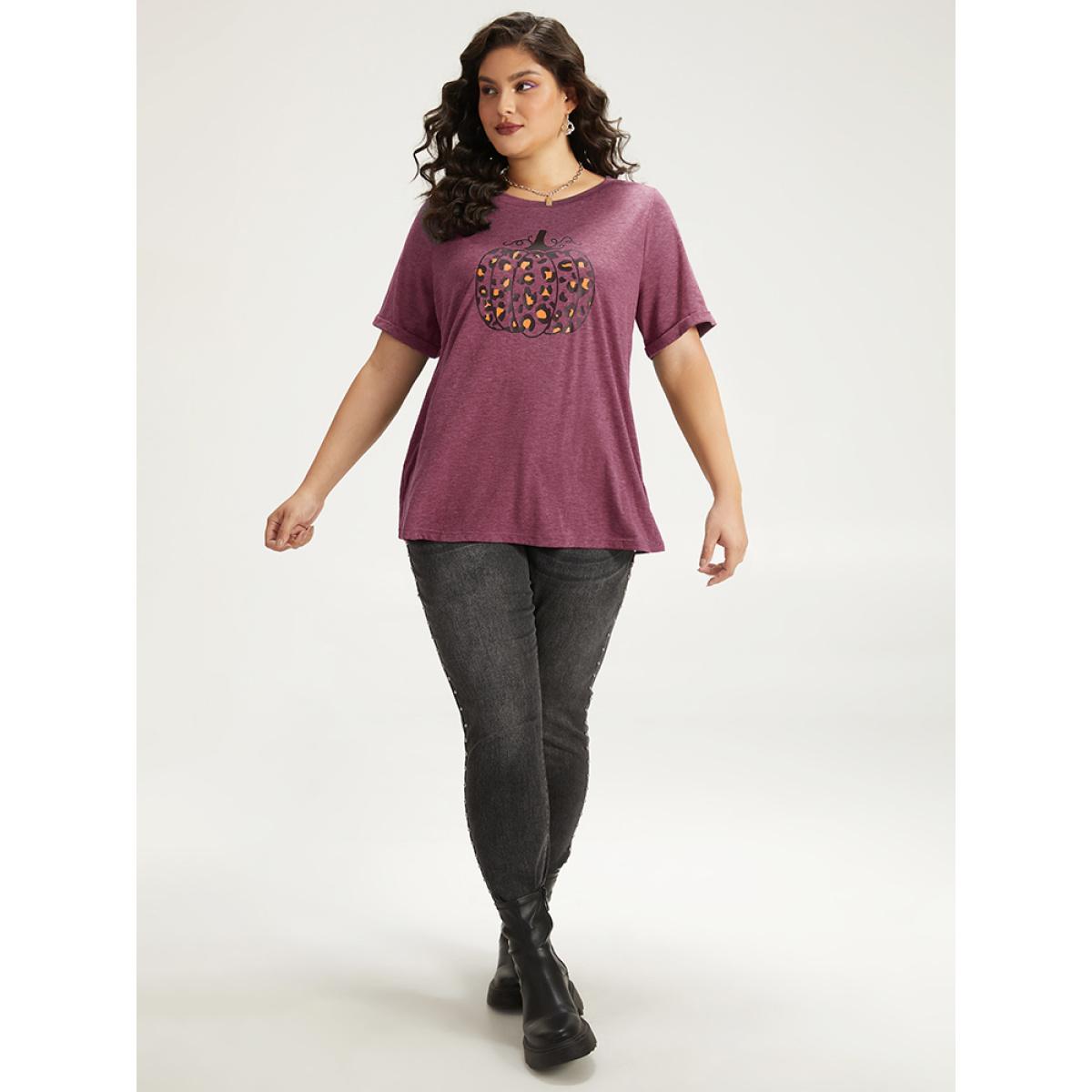Plus Size Halloween Pumpkin Print Crew Neck T-shirt Red Women Casual Printed Halloween Dailywear T-shirts BloomChic 12/L Product Image