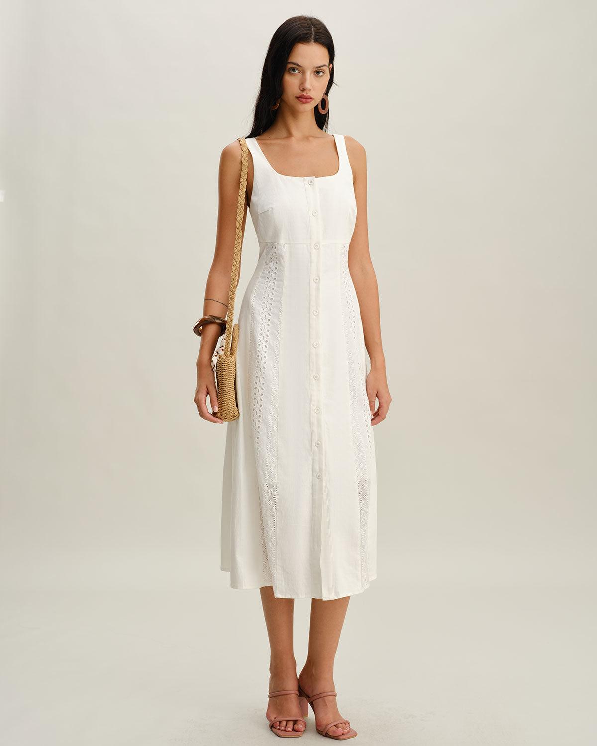 White Square Neck Button Slip Midi Dress Product Image