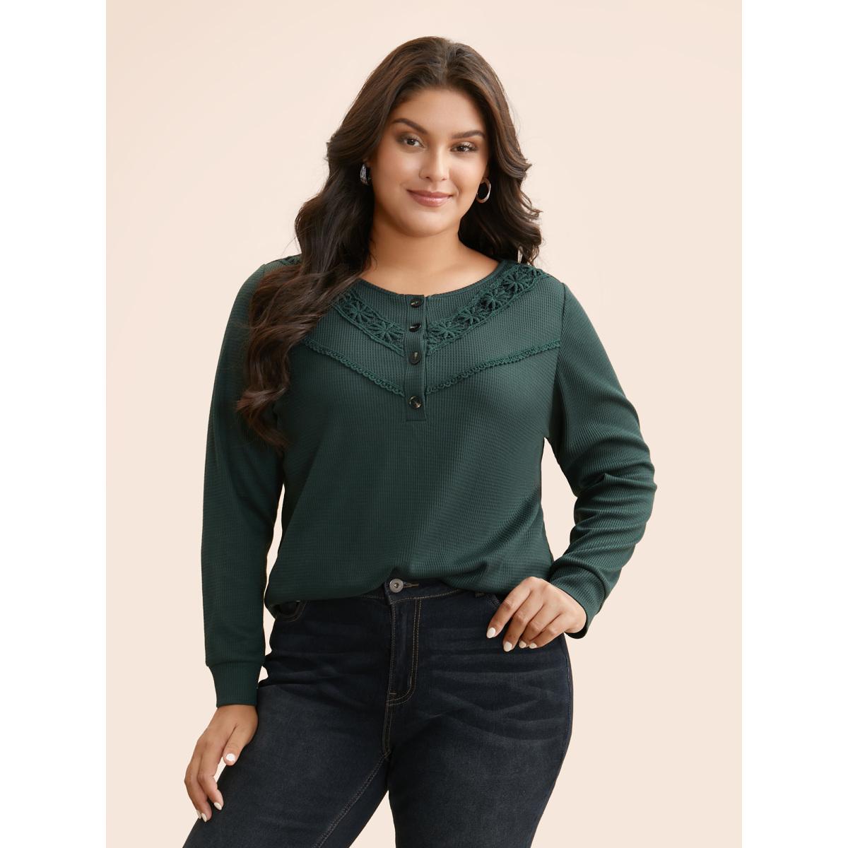 Plus Size Solid Waffle Knit Lace Trim T-shirt DarkGreen Women Casual Woven ribbon&lace trim Round Neck Everyday T-shirts BloomChic 14-16/1X Product Image