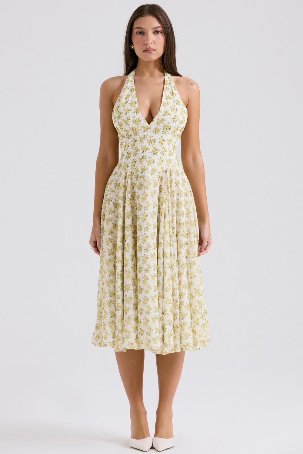 Solada  ivory vintage floral print georgette halter sundress Product Image