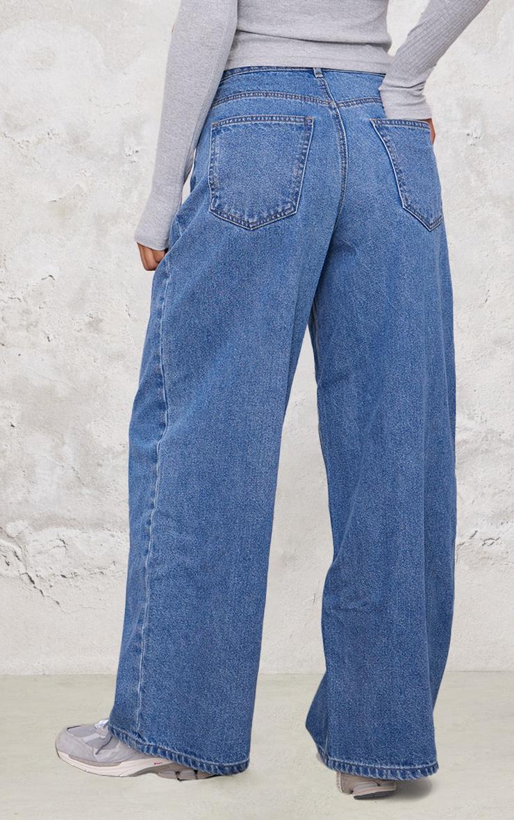 Mid Blue Wash Seam Detail Wide Leg Denim Jeans Product Image