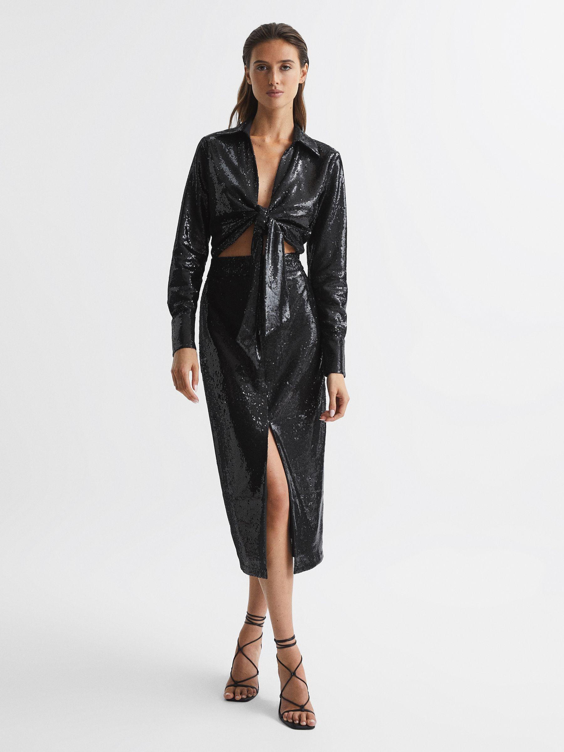 Tie Front Sequin Top in Black Product Image