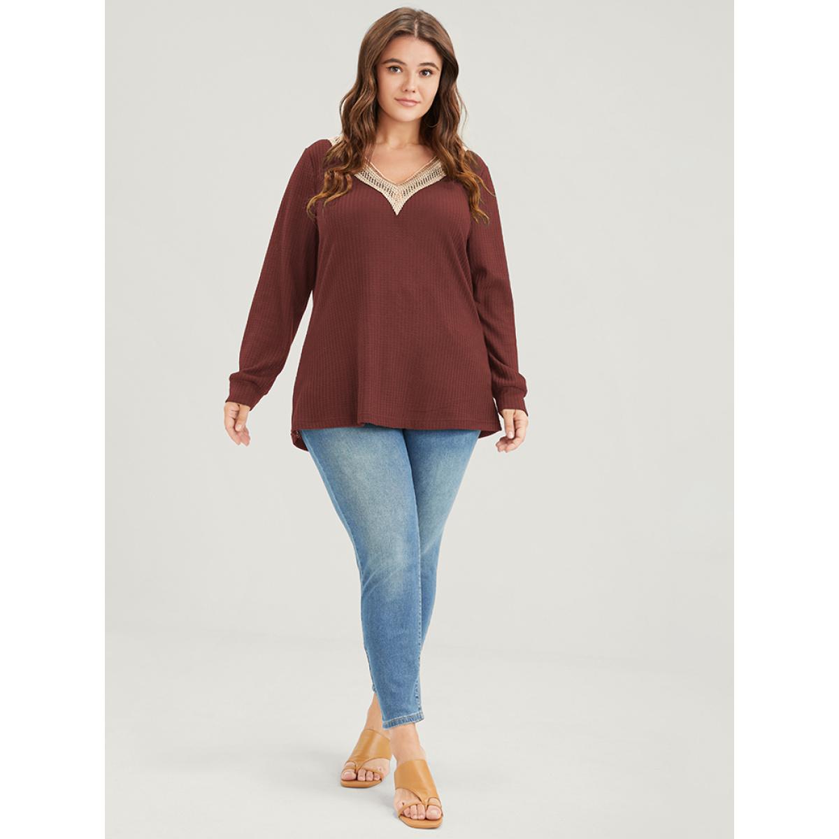Plus Size Solid Drop Shoulder Contrast Lace Waffle Knit Sweatshirt Women Russet Casual Patchwork V-neck Dailywear Sweatshirts BloomChic 14-16/1X Product Image