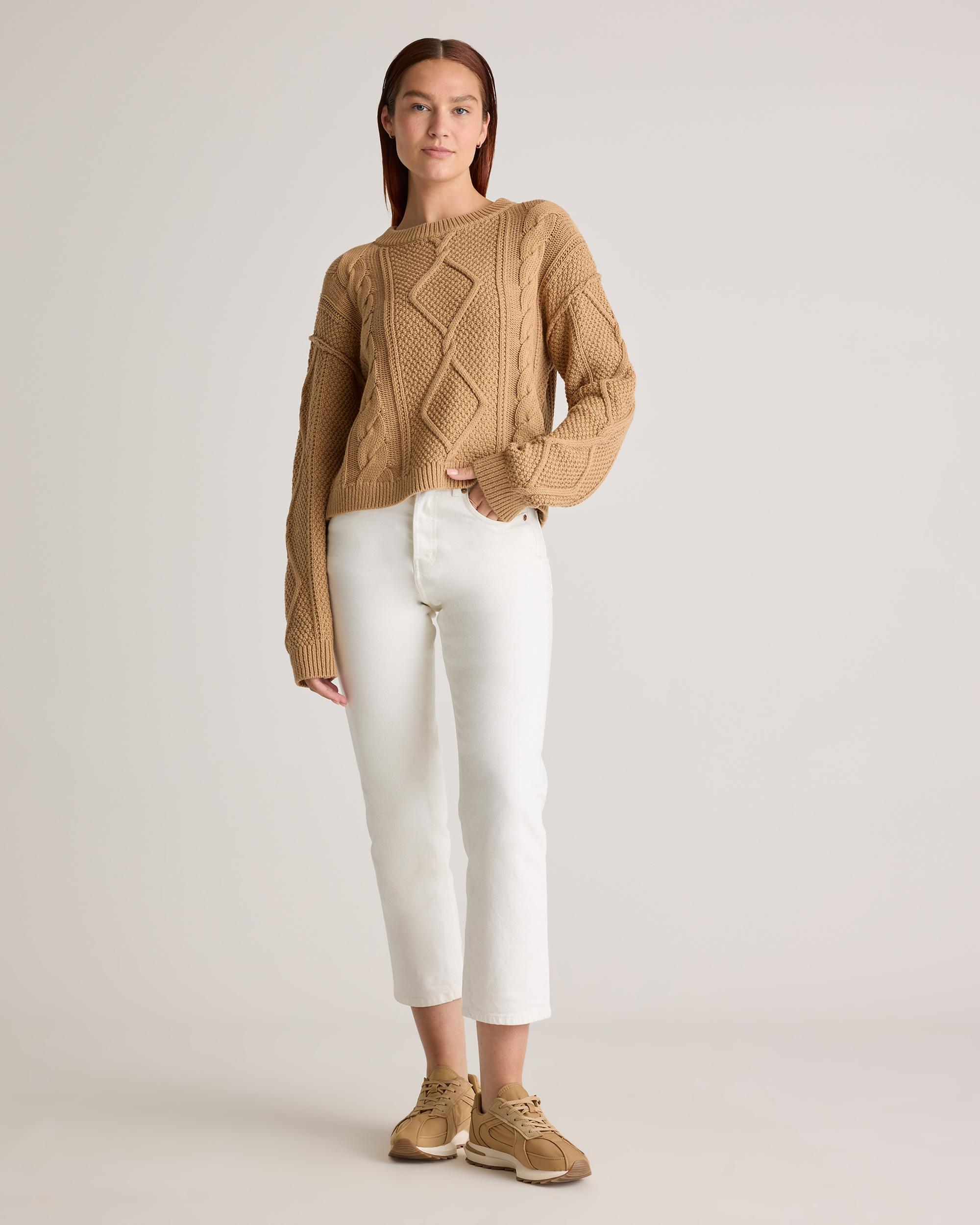 Quince | Women's Cropped Cable Crew Sweater Organic Cotton Product Image