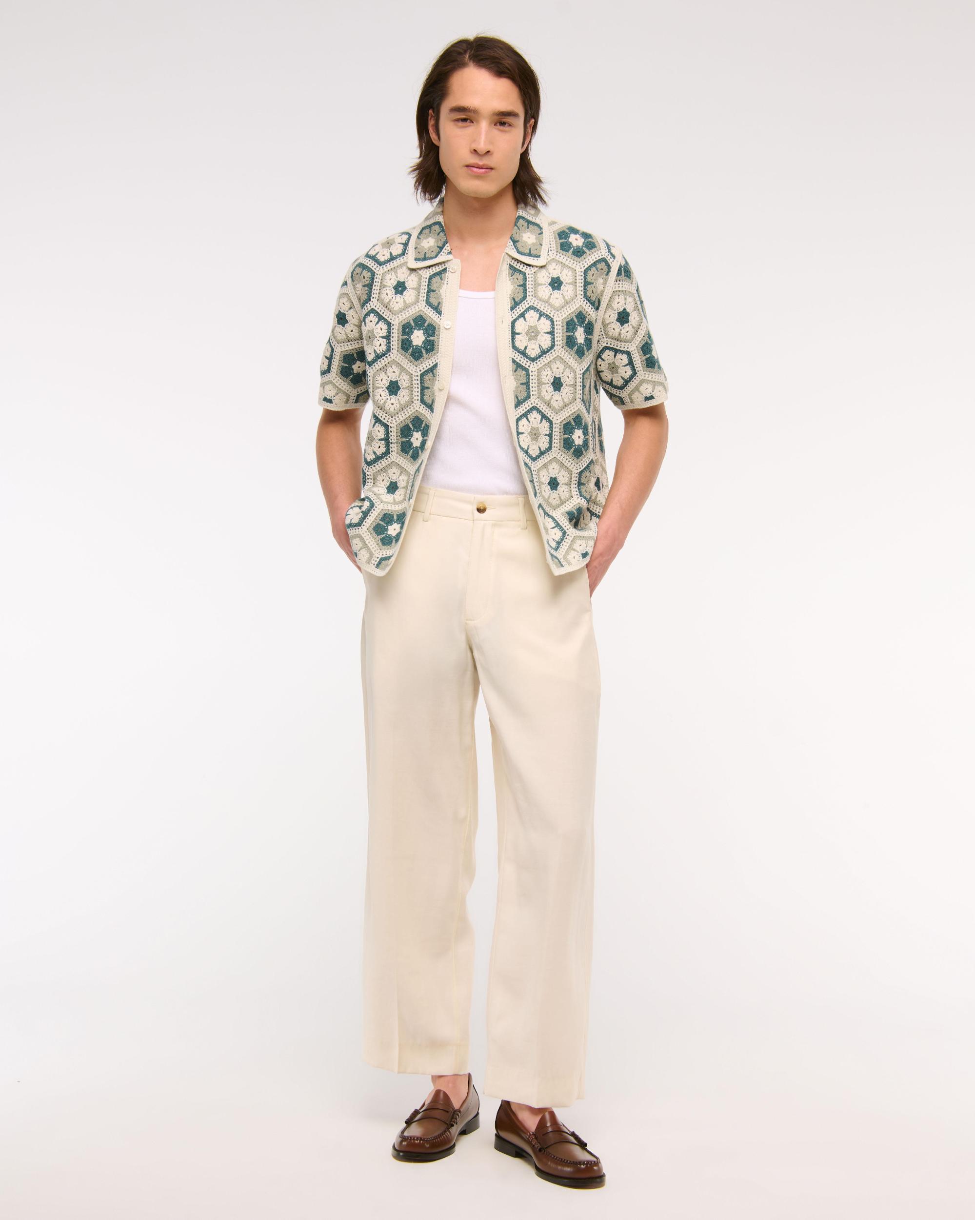 Crochet-Style Border Stripe Button-Through Sweater Polo Product Image