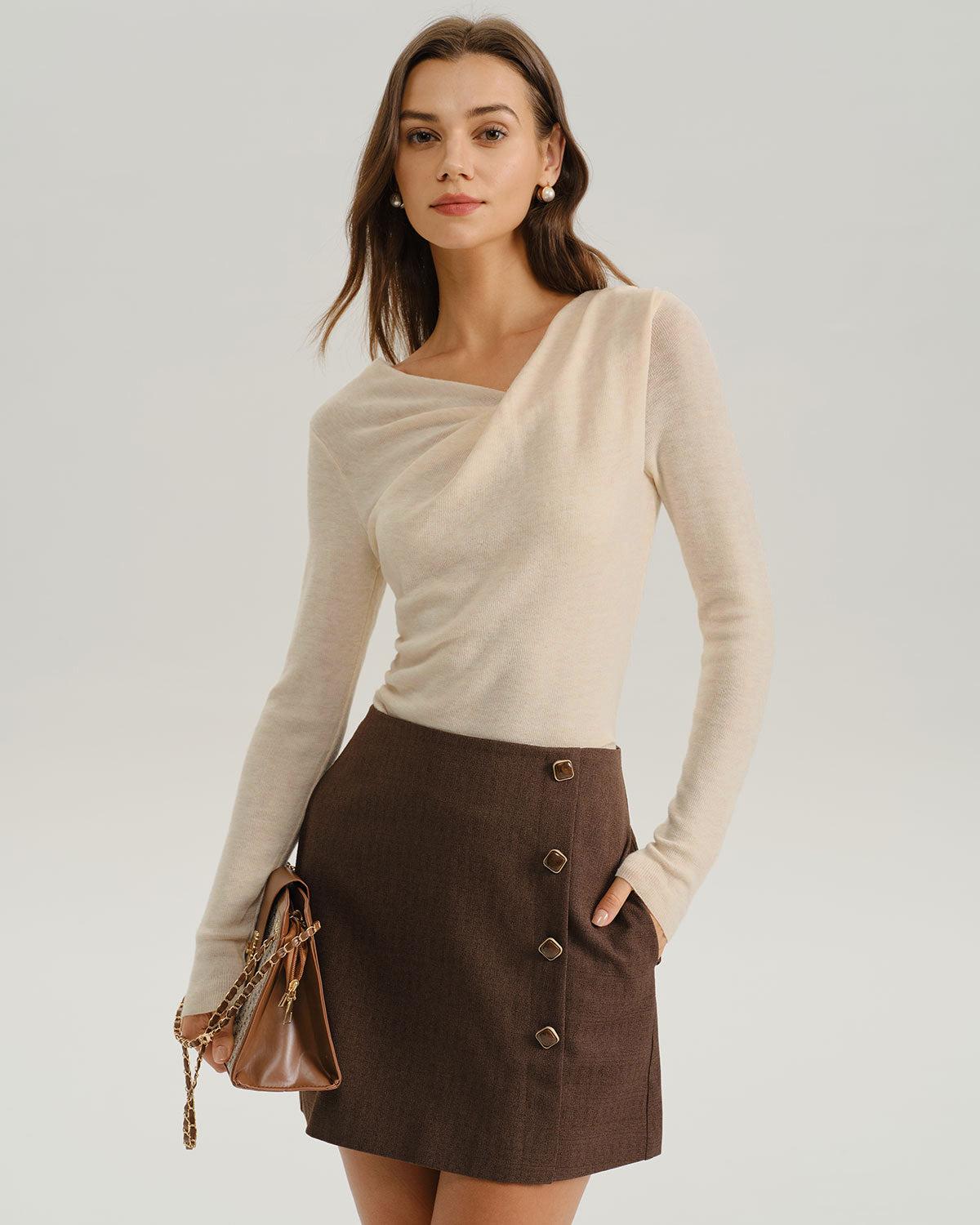 Apricot Cowl Neck Ruched Slim Tee Product Image