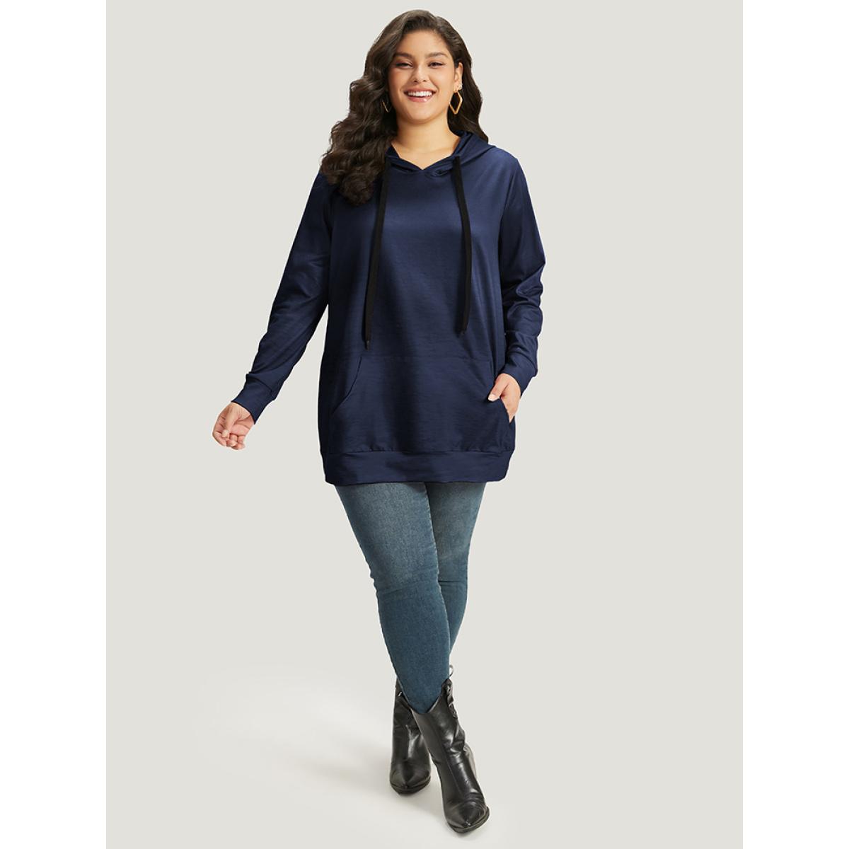 Plus Size Ombre Pocket Drawstring Hooded Sweatshirt Women DarkBlue Leisure Elastic cuffs Hooded Casual Sweatshirts BloomChic 14-16/1X Product Image