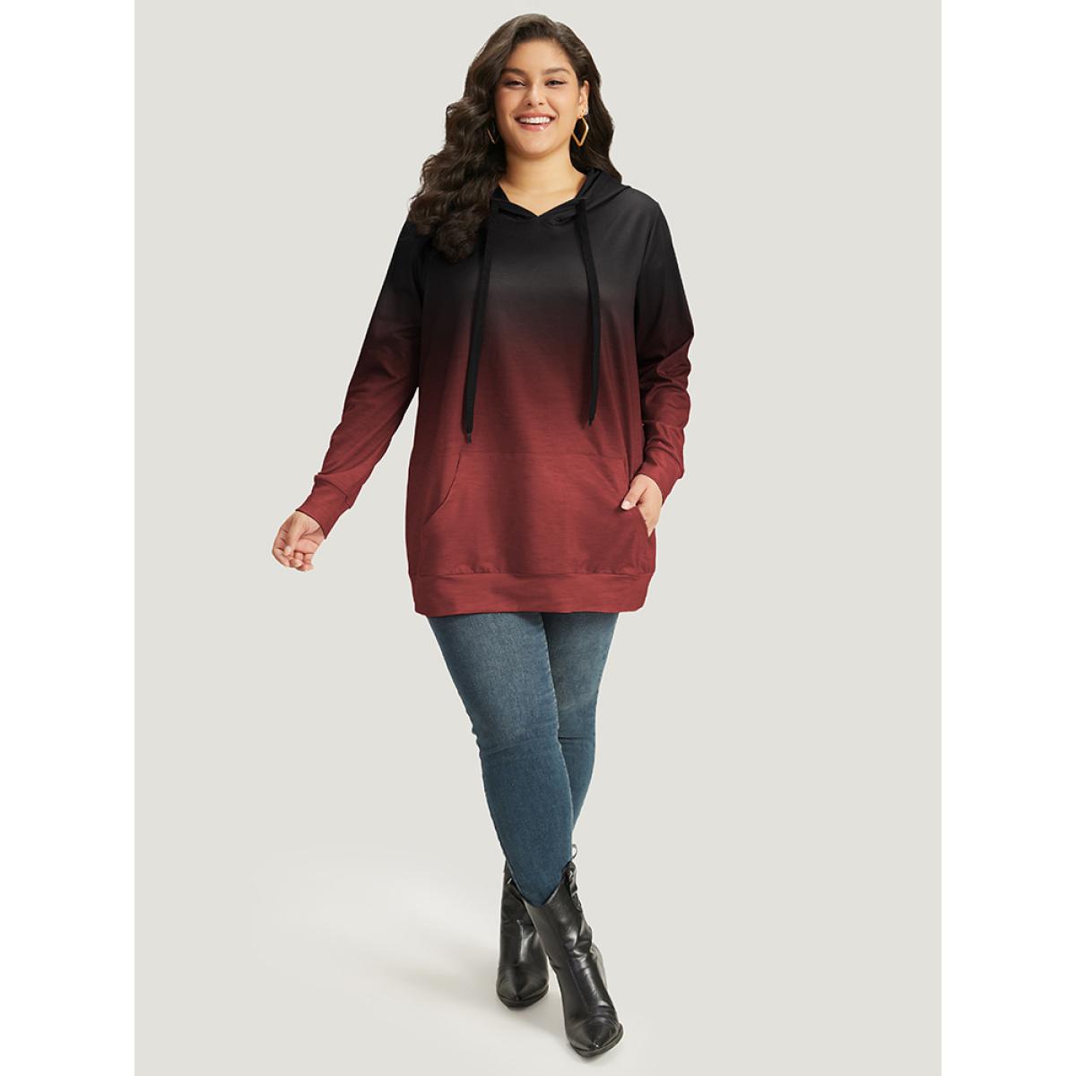 Plus Size Ombre Pocket Drawstring Hooded Sweatshirt Women Red Casual Elastic cuffs Hooded Everyday Sweatshirts BloomChic 22-24/3X Product Image