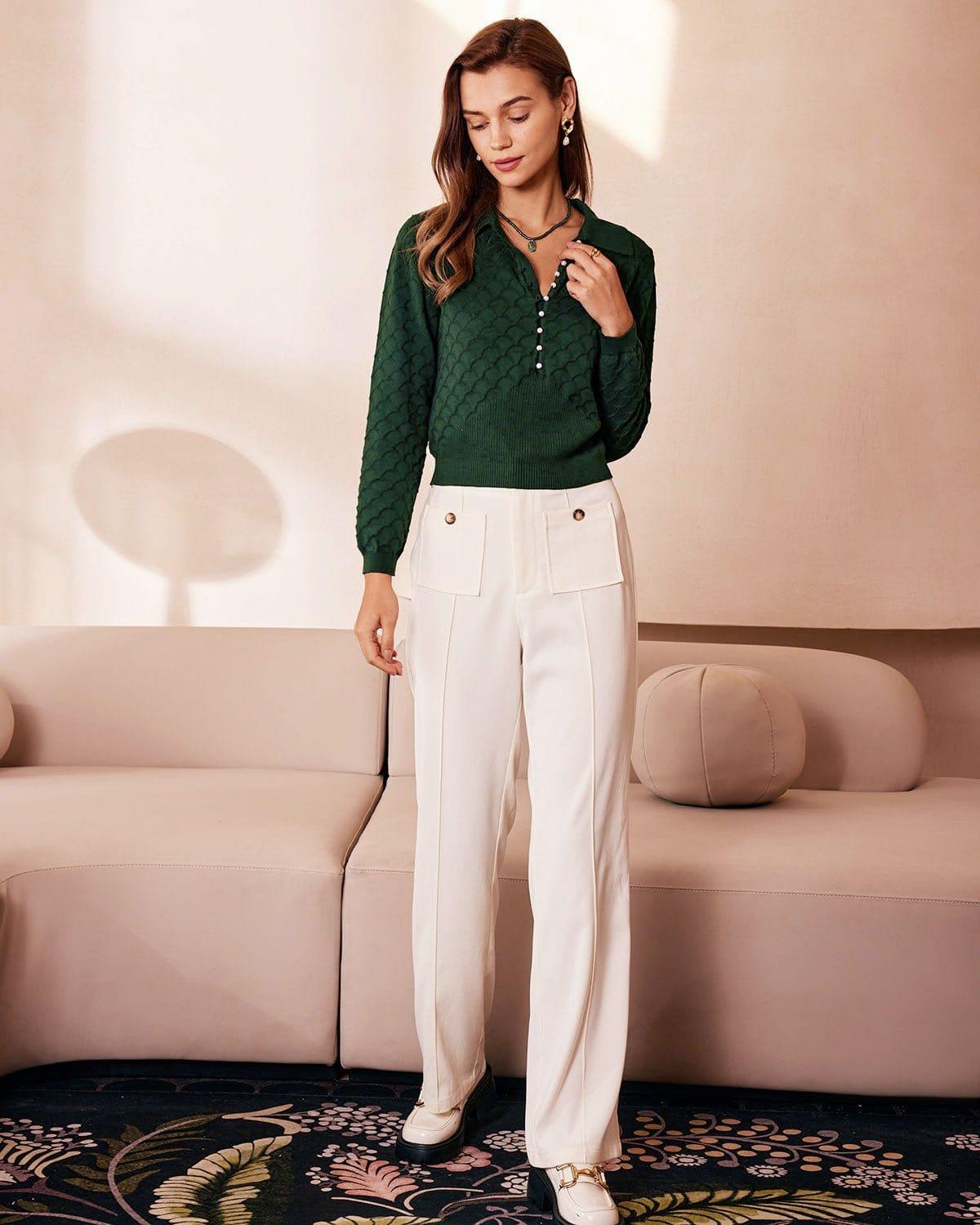 The Dark Green Lapel Ribbed Textured Knit Top Product Image