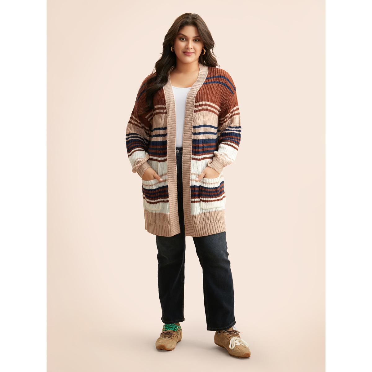 Plus Size Contrast Striped Pocket Drop Shoulder Cardigan Browncoffeecolor Women Casual Loose Long Sleeve Everyday Cardigans BloomChic 22-24/3X Product Image