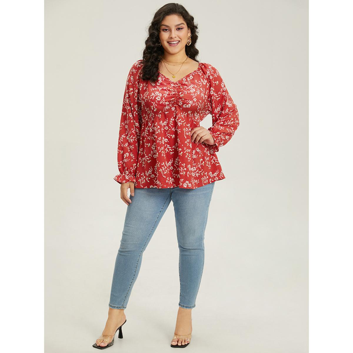 Plus Size Rust Floral Print Ruched Lantern Sleeve Blouse Women Elegant Long Sleeve V-neck Dailywear Blouses BloomChic 14-16/1X Product Image