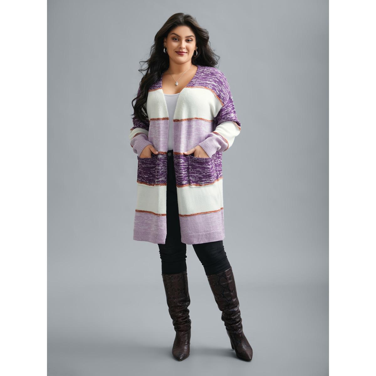 Plus Size Color Block Textured Open-Front Cardigan Deeppurple Women Casual Loose Long Sleeve Everyday Cardigans BloomChic 14-16/1X Product Image