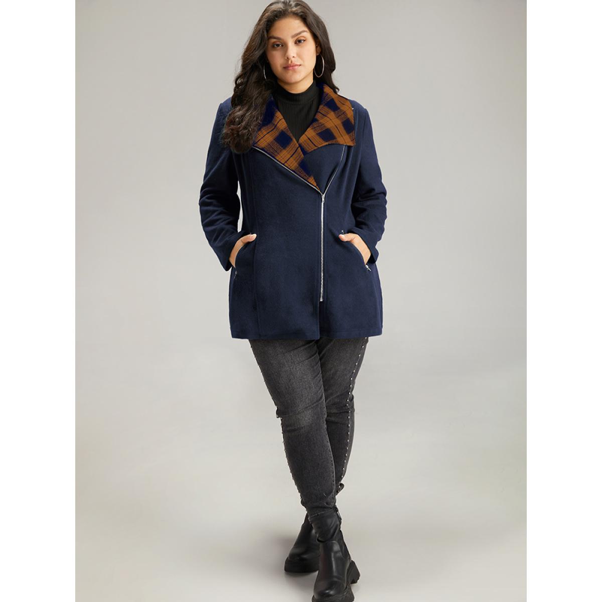 Plus Size Plaid Patchwork Lapel Collar Zipper Coat Women Navy Elegant Contrast Ladies Everyday Winter Coats BloomChic 10/M Product Image