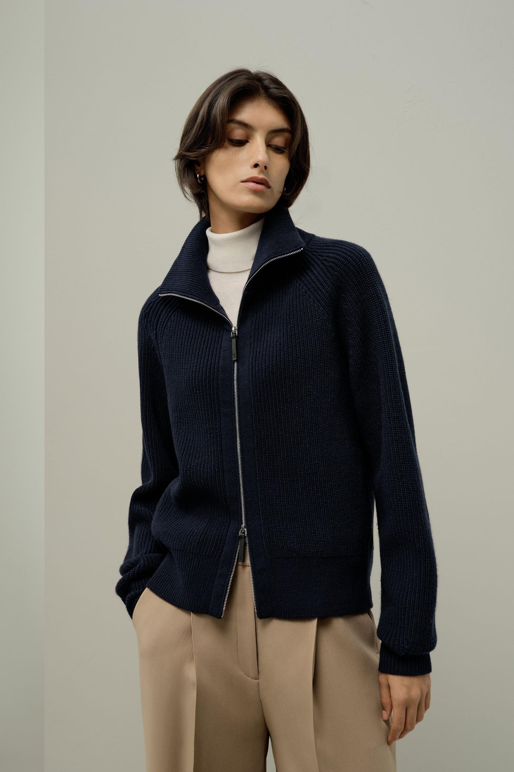 Ribbed-knit Turtleneck Zip Cardigan Product Image