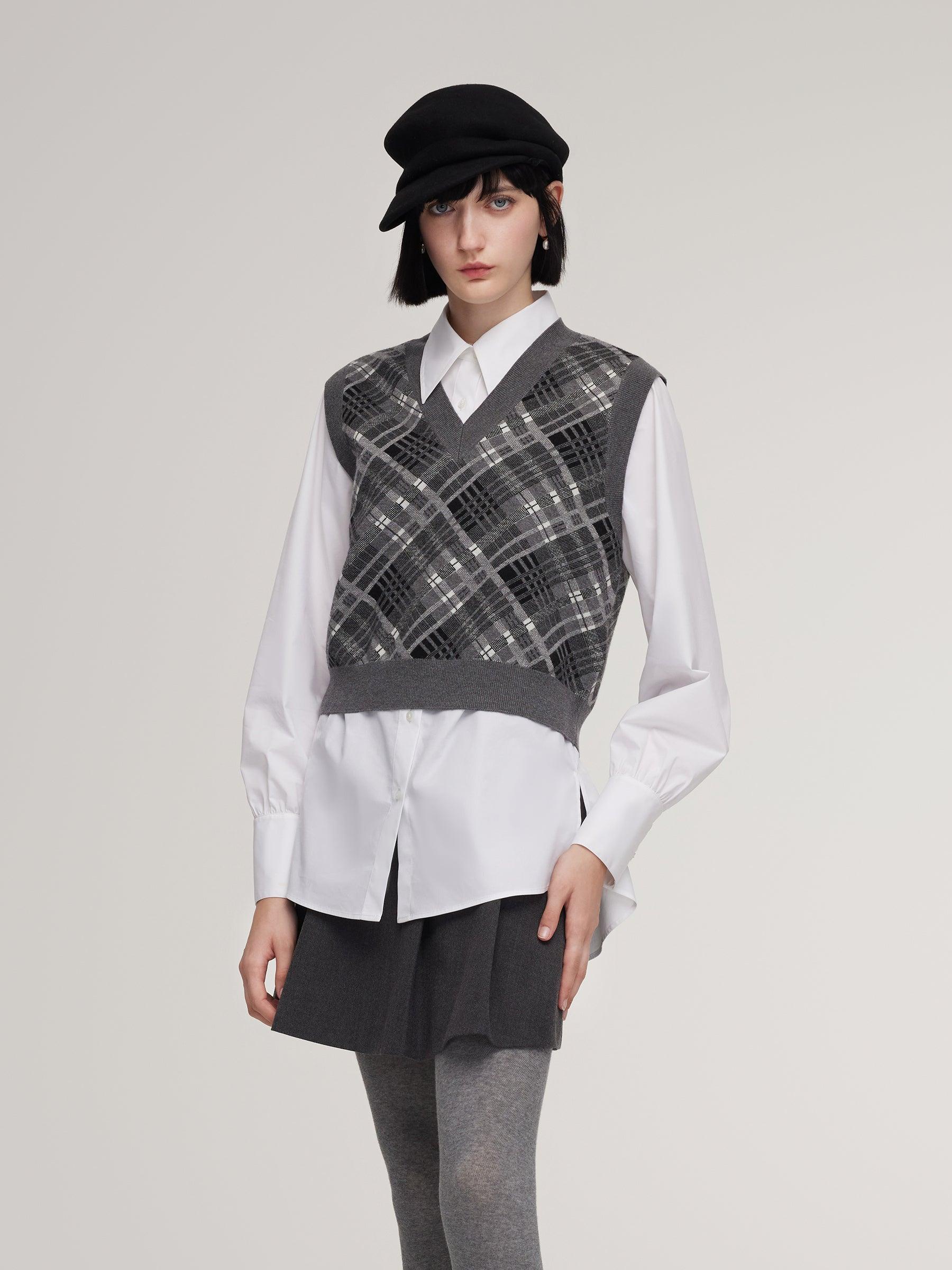Plaid Knit Vest And Shirt Two-Piece Set Product Image