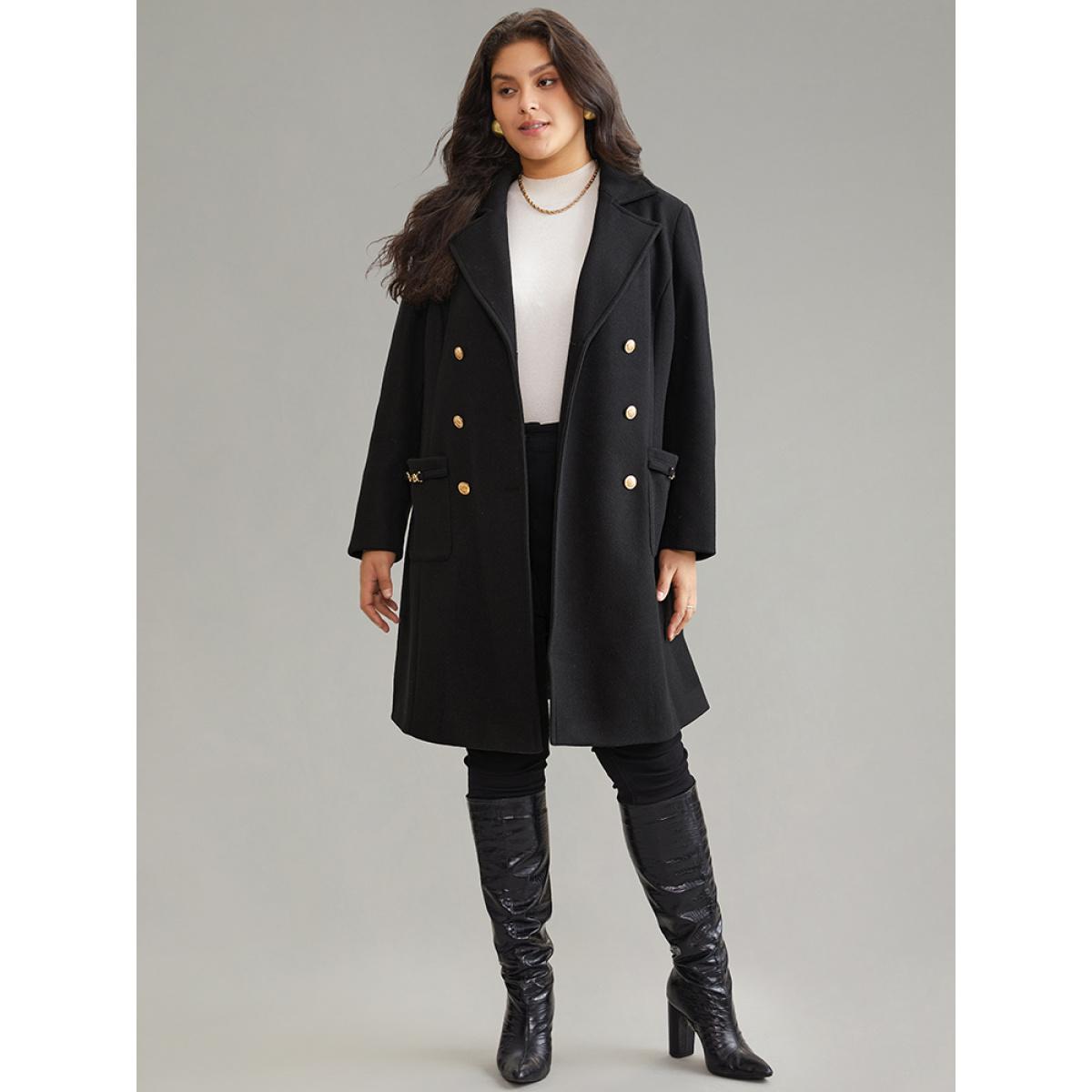 Plus Size Lapel Collar Pocket Chain Buckle Detail Coat Women Black Casual Lined Ladies Dailywear Winter Coats BloomChic 30/6X Product Image
