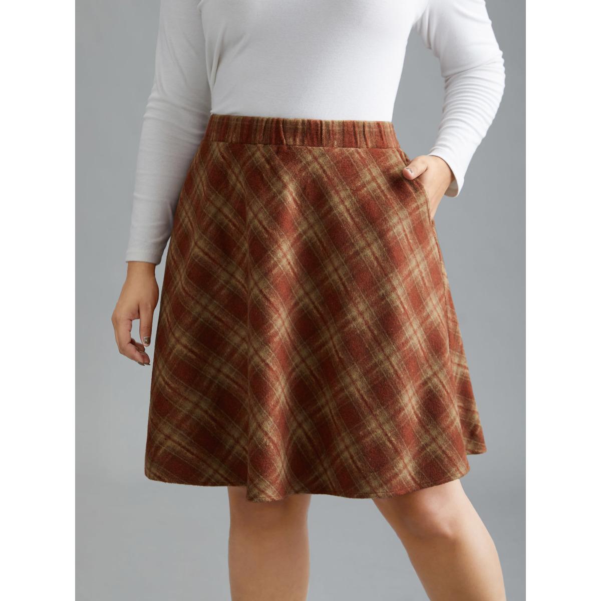 Plus Size Plaid Pattern Elastic Waist A-line Mini Skirt Women OrangeRed Elegant Low stretch Slanted pocket Everyday Skirts BloomChic 26/4X Product Image