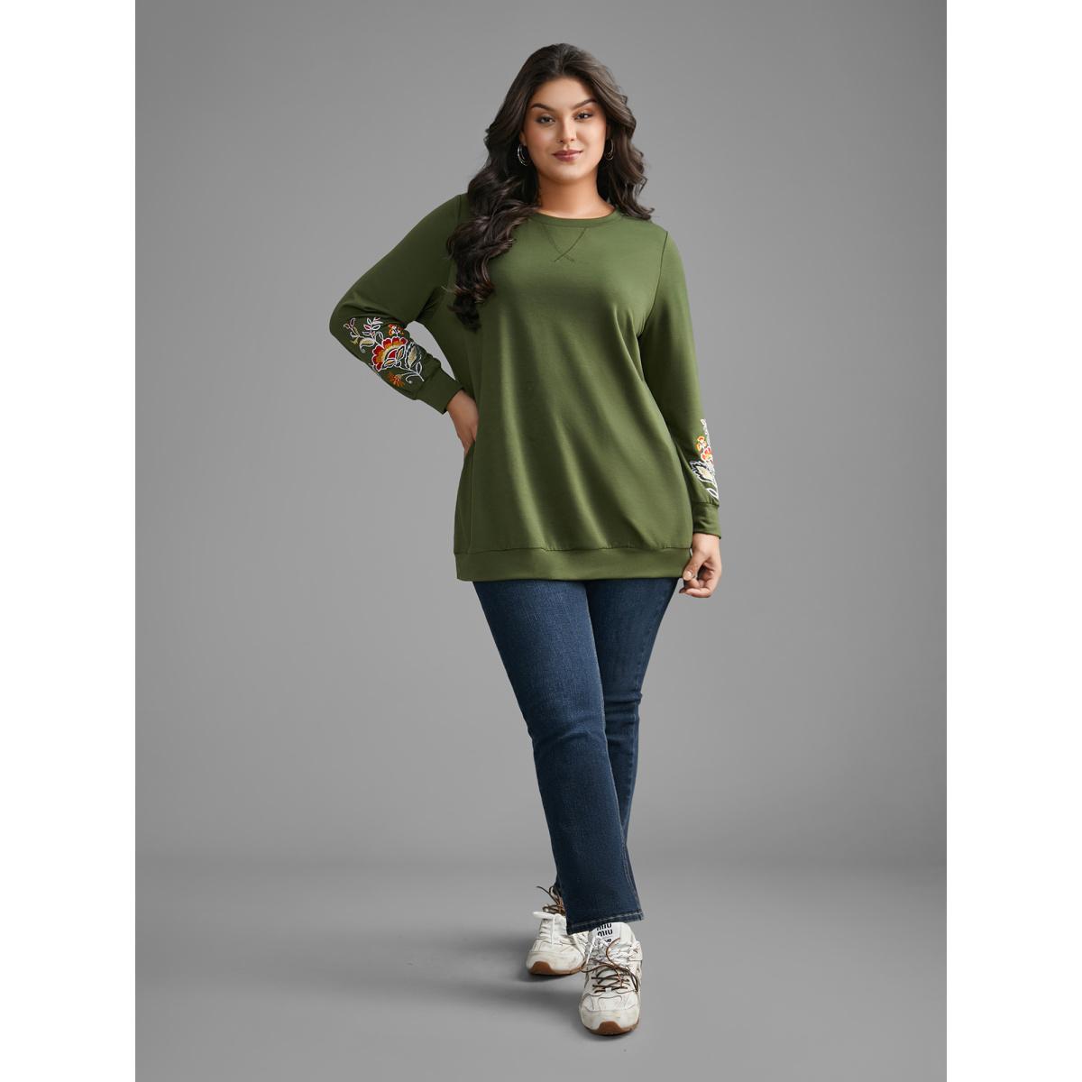 Plus Size Crew Neck Floral Embroidered Sweatshirt Women ArmyGreen Casual Embroidered Loose Round Neck Everyday Sweatshirts BloomChic 12/L Product Image