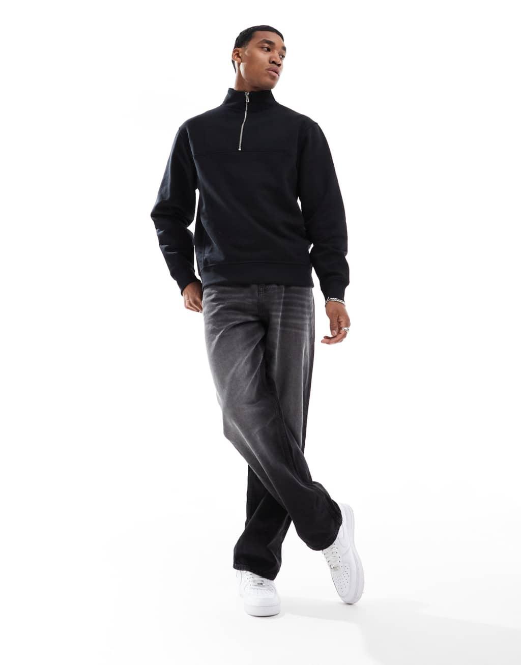 River Island essential half zip sweatshirt in black Product Image