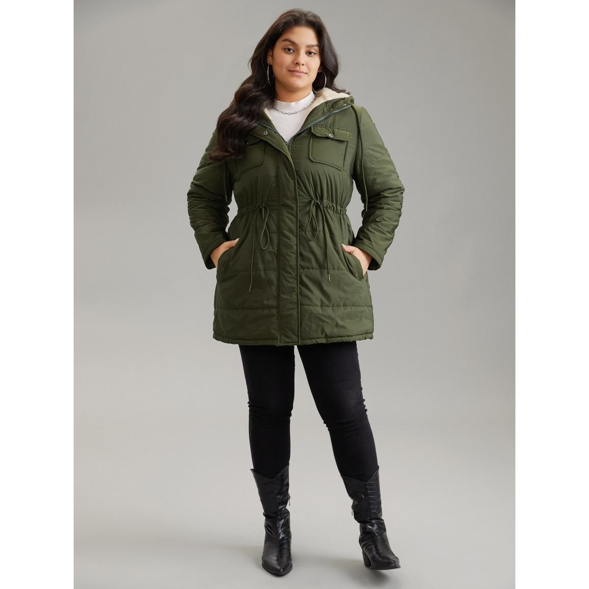 Plus Size Solid Drawstring Patchwork Fluffy Hooded Padded Coat Women ArmyGreen Casual Lined Ladies Dailywear Winter Coats BloomChic 10/M Product Image