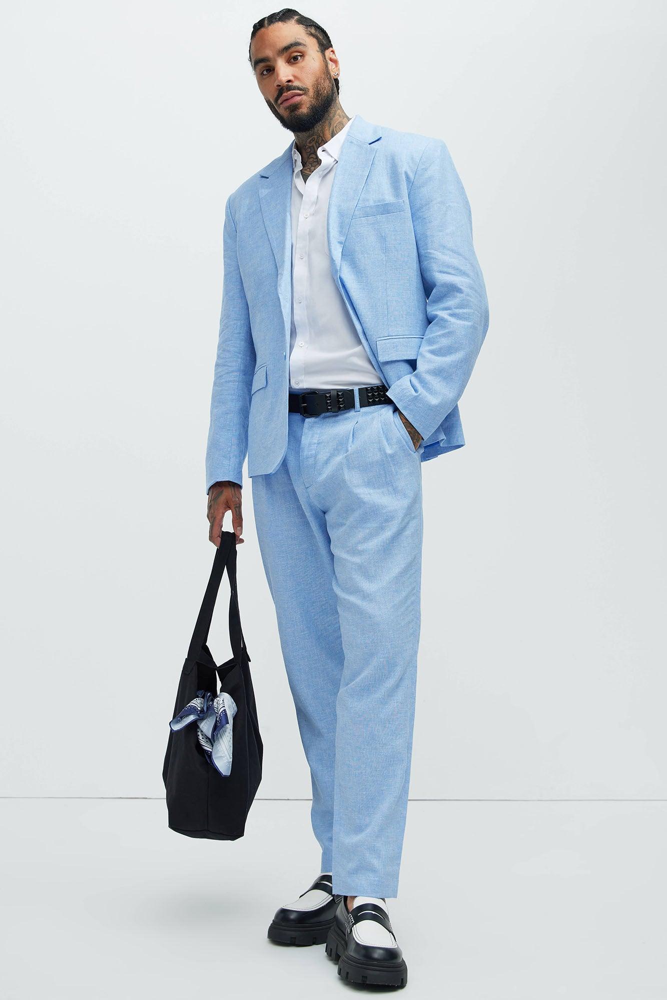 Bahamas Straight Pleated Linen Trousers - IceBlue Product Image