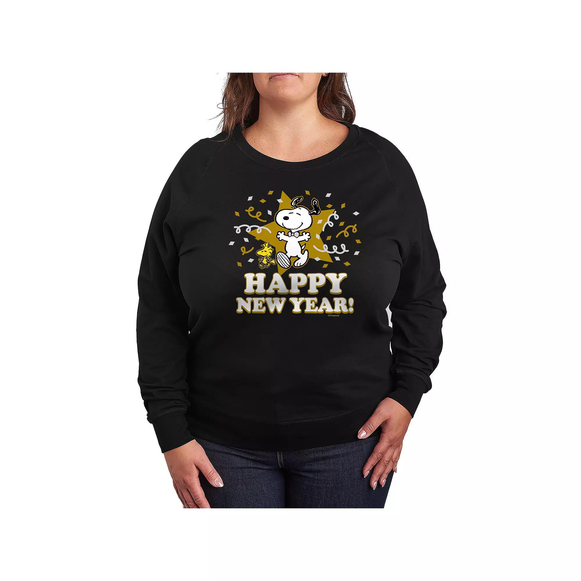 Plus Size Peanuts Snoopy Happy New Year French Terry Long Sleeve Tee, Women's, Size: 4XL, Black Product Image