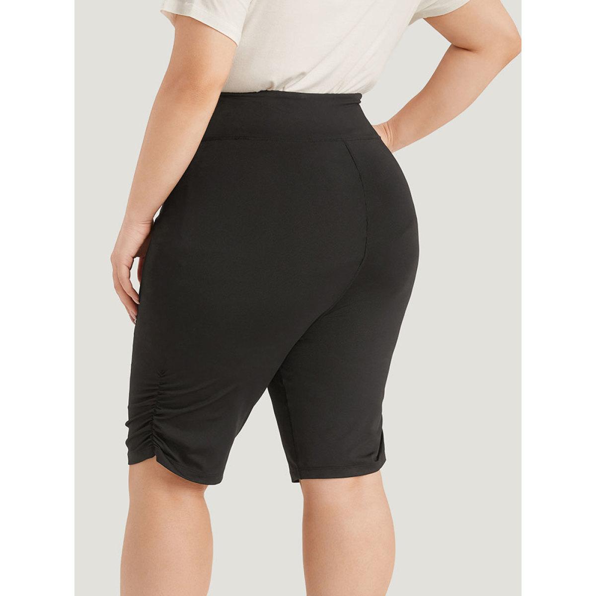 Plus Size Solid Ruched Wideband Waist At The Knees Leggings Women Black Elegant High stretch Skinny High Rise Dailywear Leggings BloomChic 22-24/3X Product Image