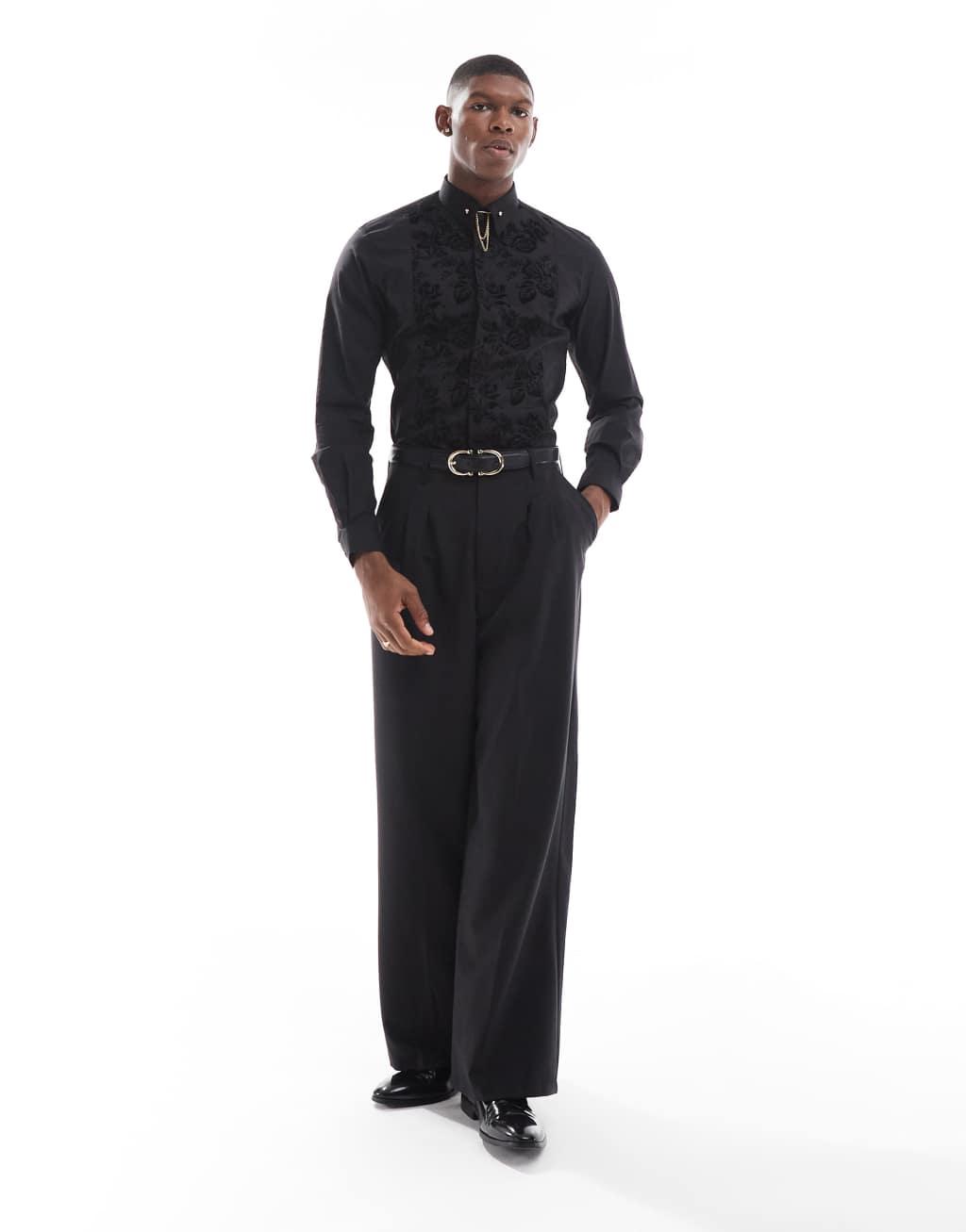 Twisted Tailor jacquard long sleeve shirt in black  Product Image