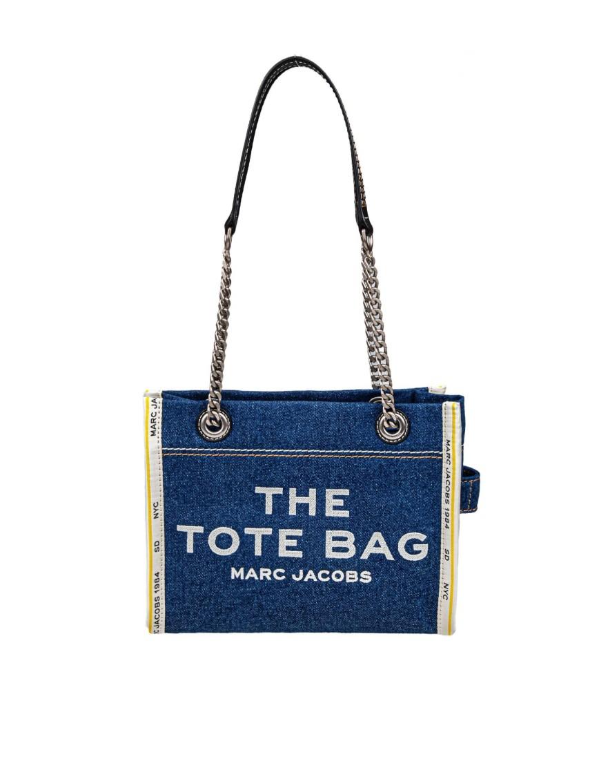 MARC JACOBS The Medium Tote In Blue Denim With Embroidered Logo In Dark Wash Product Image