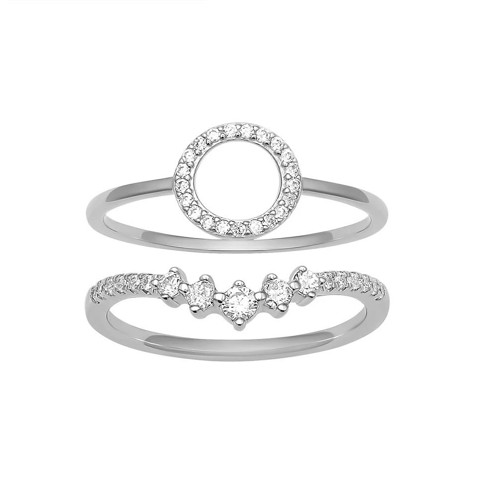 PRIMROSE Sterling Silver Cubic Zirconia Circle & V-Shape Ring Duo Set, Women's,  Product Image