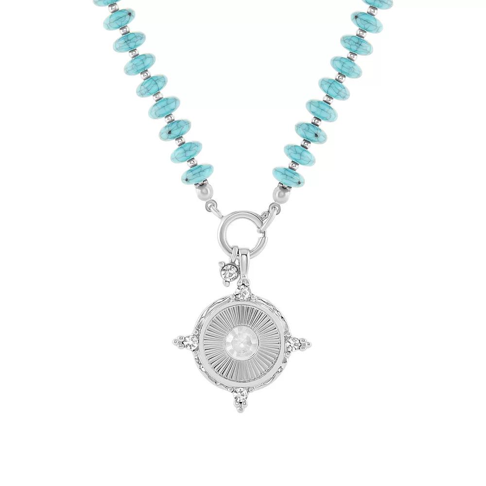 Emberly Silver Tone Textured Coin & Simulated Turquoise Bead Pendant Necklace, Women's, Blue Product Image