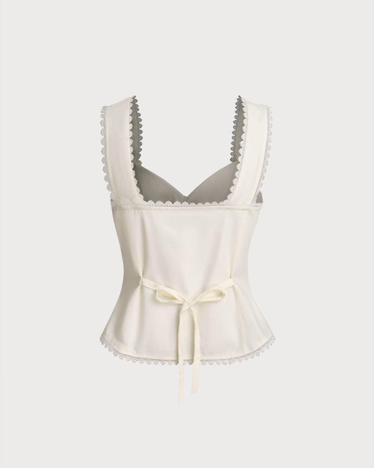 Beige Vest V Neck Lace Tie-Back Vest Product Image