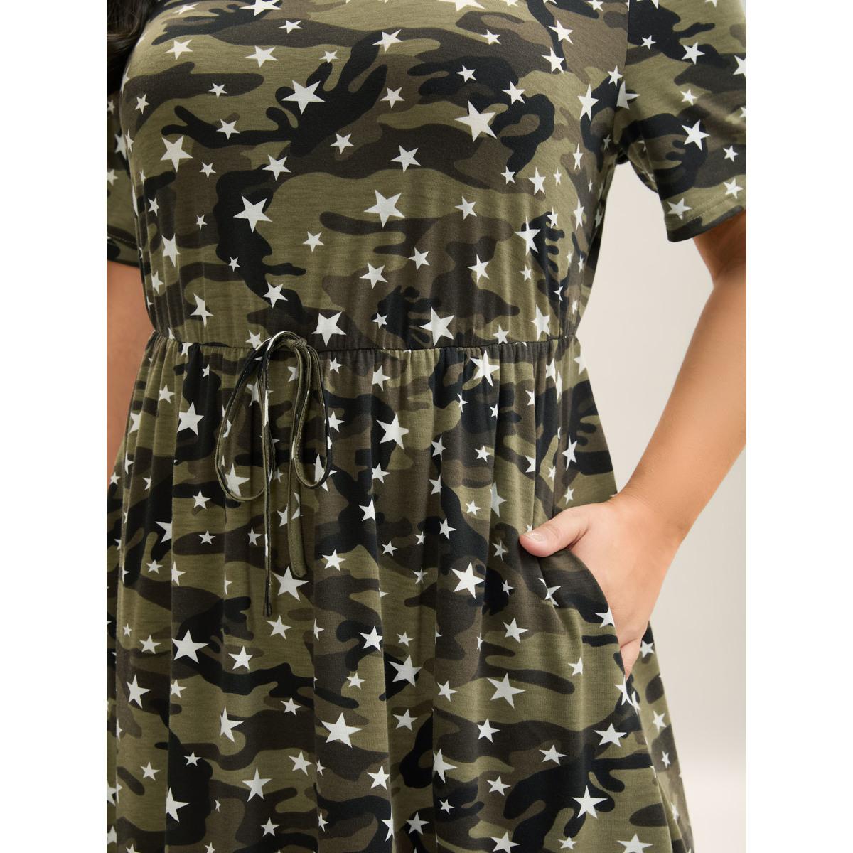 Plus Size Camouflage Print Round Neck Pockets Midi Dress Sage Women Casual Tie knot Knit Dresses Bloomchic 30/6X Product Image