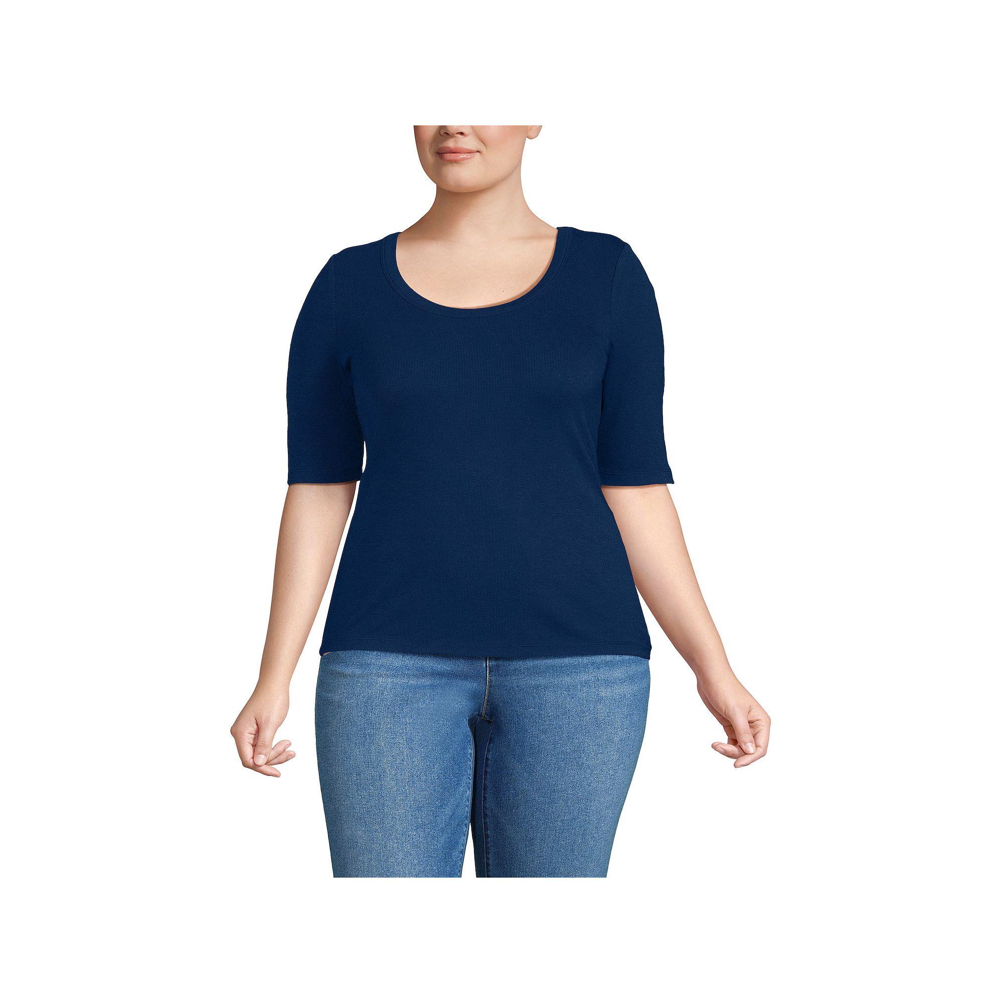 Plus Size Lands' End Drapey Rib Fitted Elbow Sleeve Scoop Neck Tee, Women's, Size: 1XL, Deep  Blue Product Image