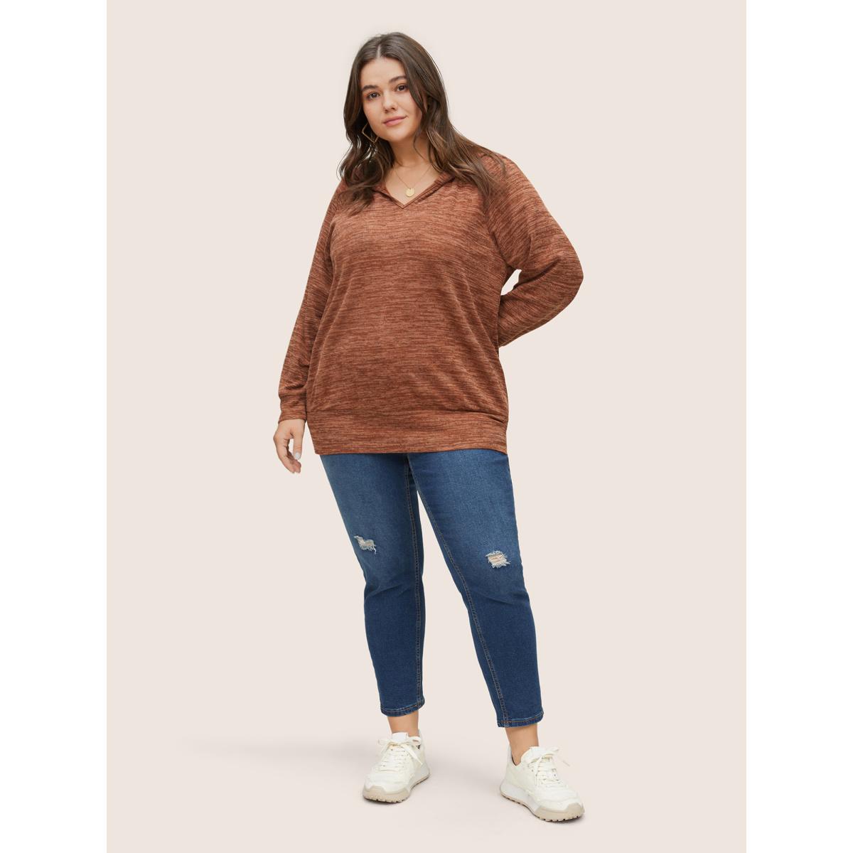 Plus Size Heather Hooded Long Sleeve Sweatshirt Women Maroon Casual Non Hooded Everyday Sweatshirts BloomChic 10/M Product Image