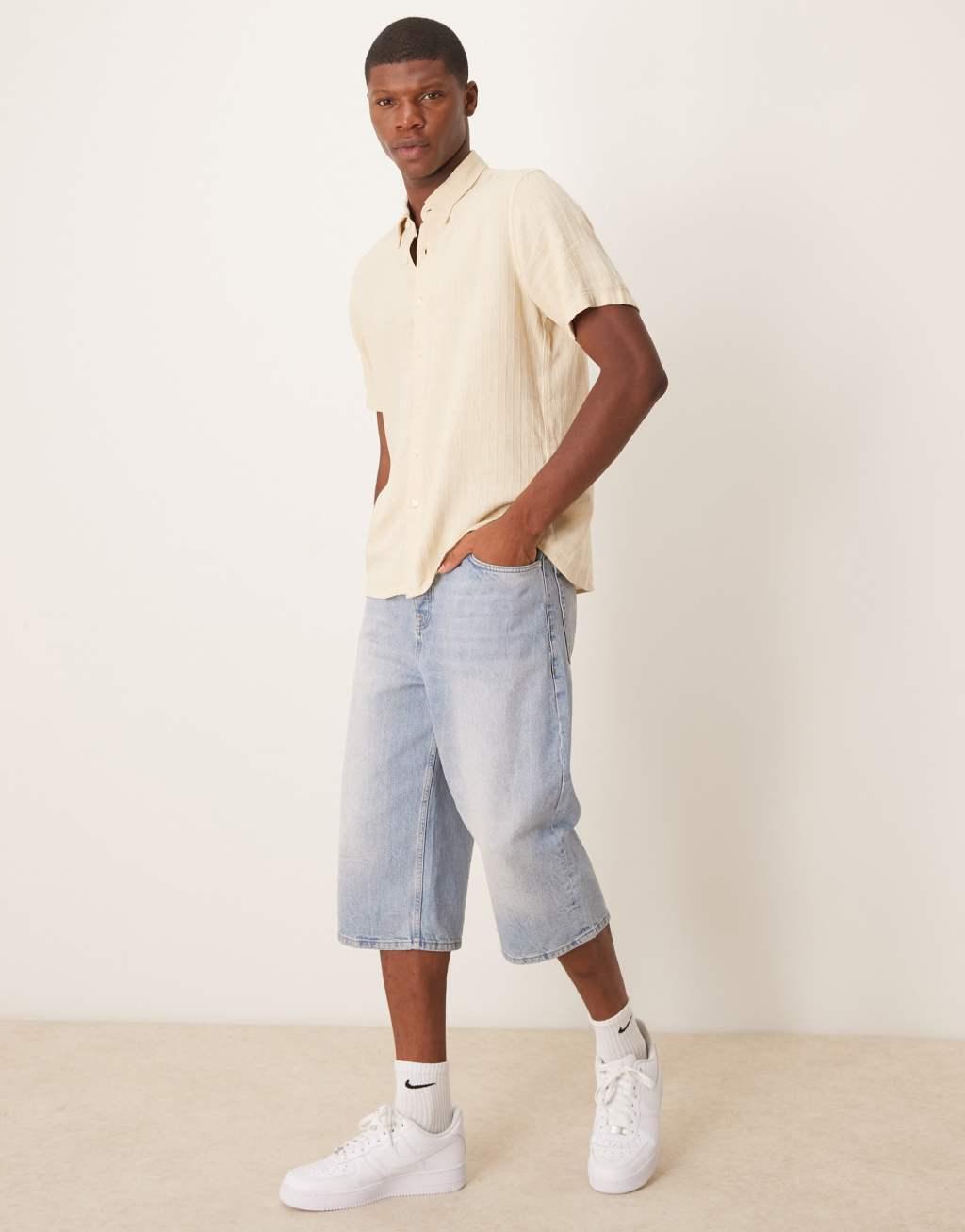 Abercrombie & Fitch textured linen collar detail short sleeve shirt in cream Product Image