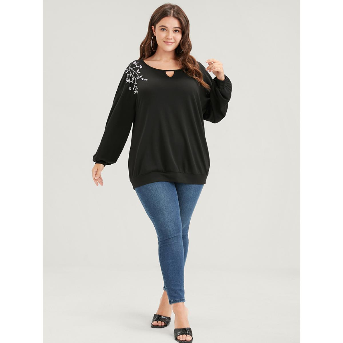 Plus Size Solid Plant Embroidered Keyhole Neck Sweatshirt Women Black Casual Embroidered Loose Round Neck Dailywear Sweatshirts BloomChic 26/4X Product Image