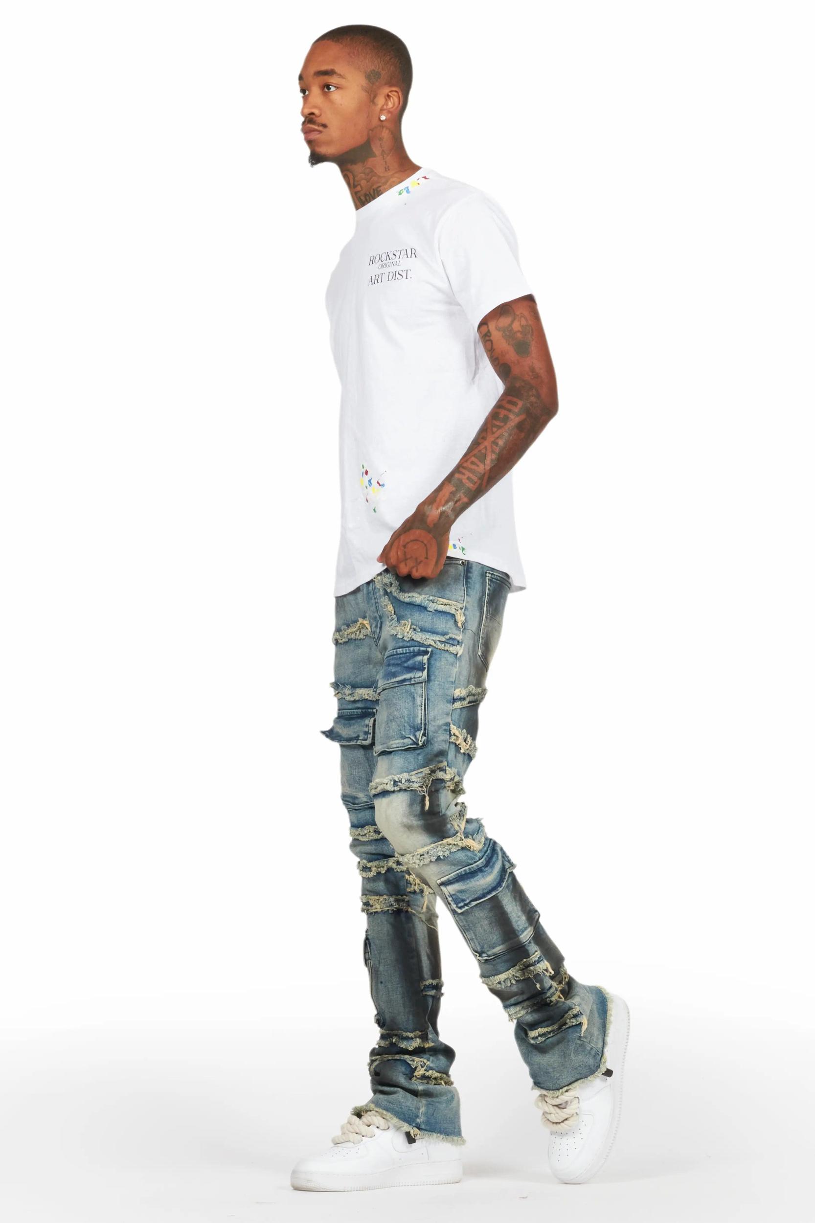 Yves Blue Stacked Flare Cargo Jean Male Product Image