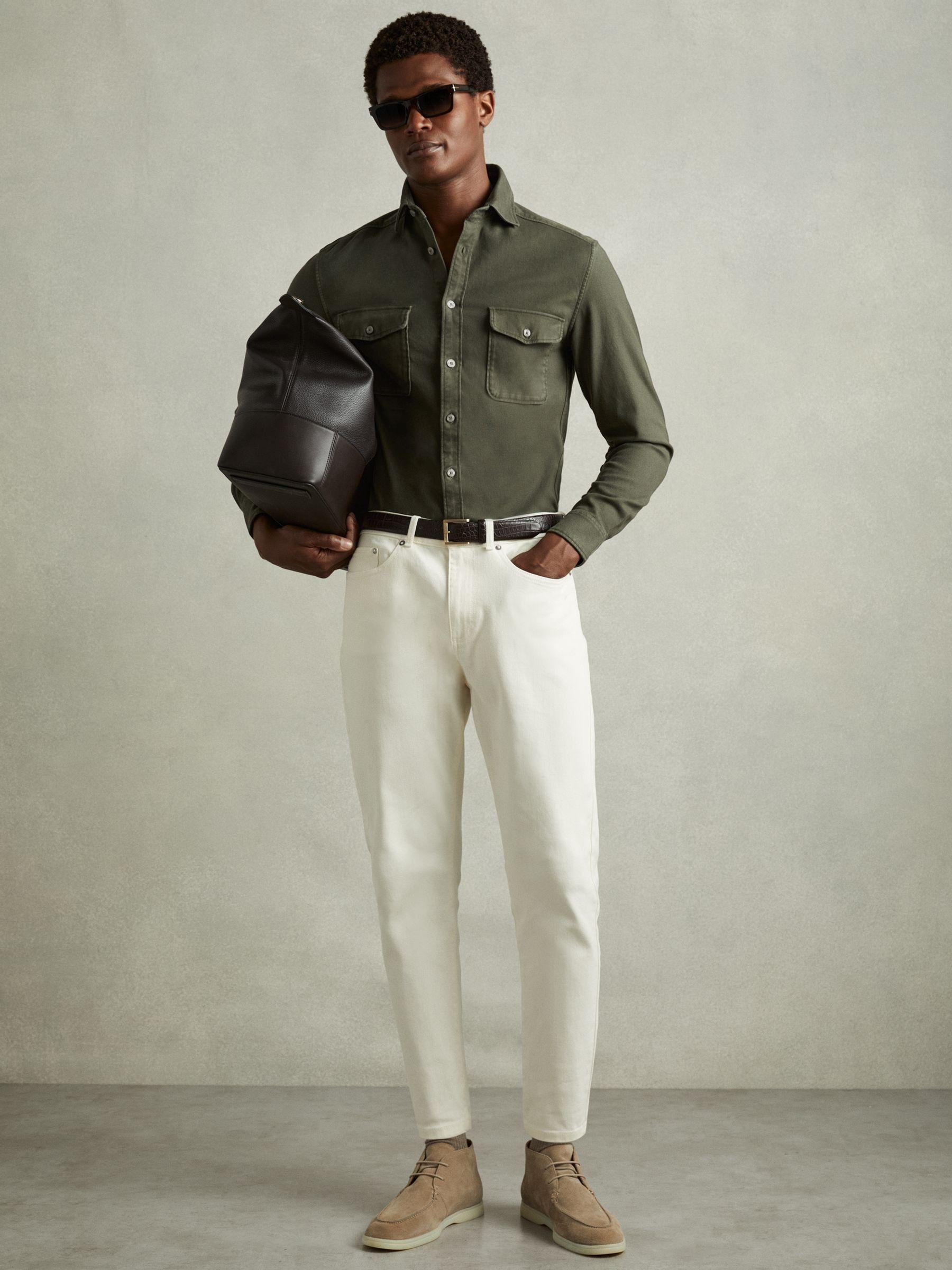 Cotton Blend Canvas Overshirt in Khaki Green Product Image