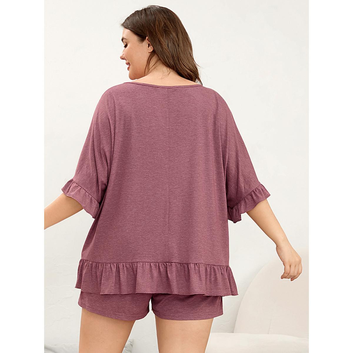 Plus Size Plain Round Neck Ruffle Trim Sleep Top Women Russet Elegant Plain Ruffles Round Neck Loungewear BloomChic 10/M Product Image