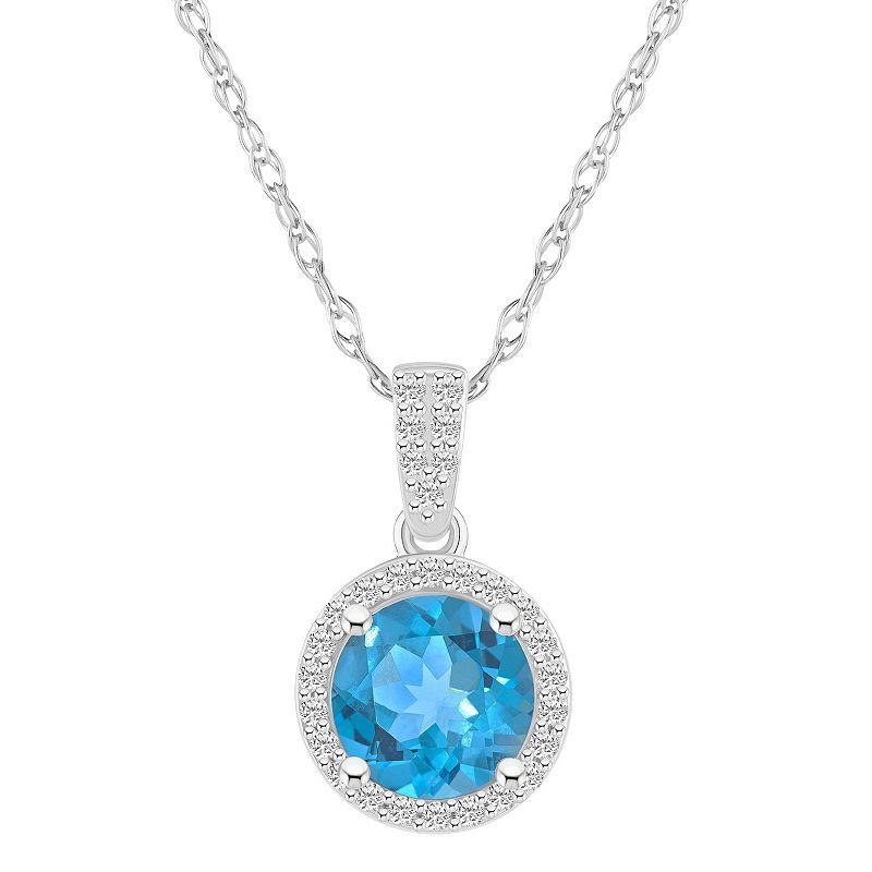 Celebration Gems 10k White Gold Round Gemstone & Lab-Created White Sapphire Halo Pendant Necklace, Women's, Size: 18", Blue Topaz Product Image