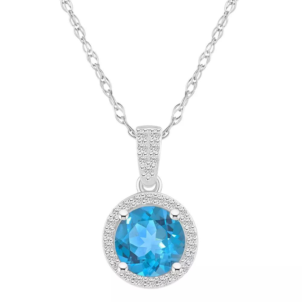 Celebration Gems 10k White Gold Round Gemstone & Lab-Created White Sapphire Halo Pendant Necklace, Women's, Size: 18", Blue Topaz Product Image