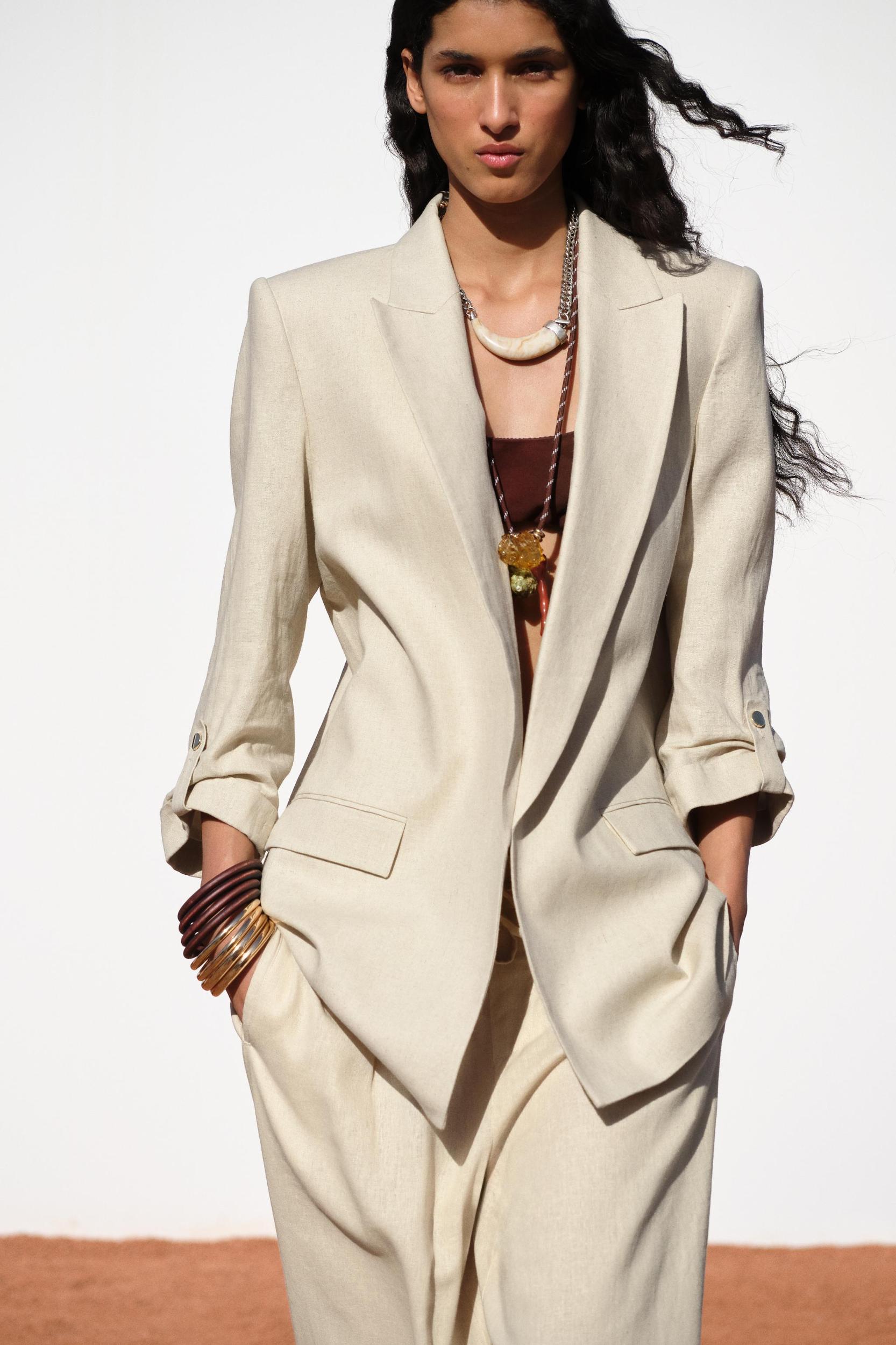 LINEN BLEND BLAZER WITH ROLLED-UP SLEEVES Product Image