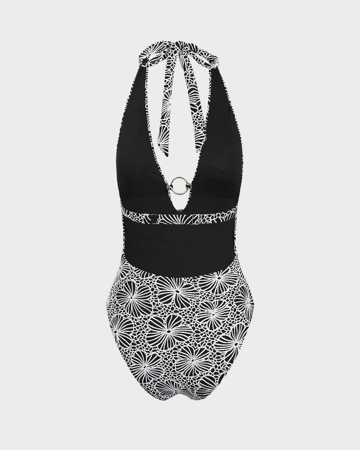 Black Floral V-Neck One-Piece Swimsuit Product Image