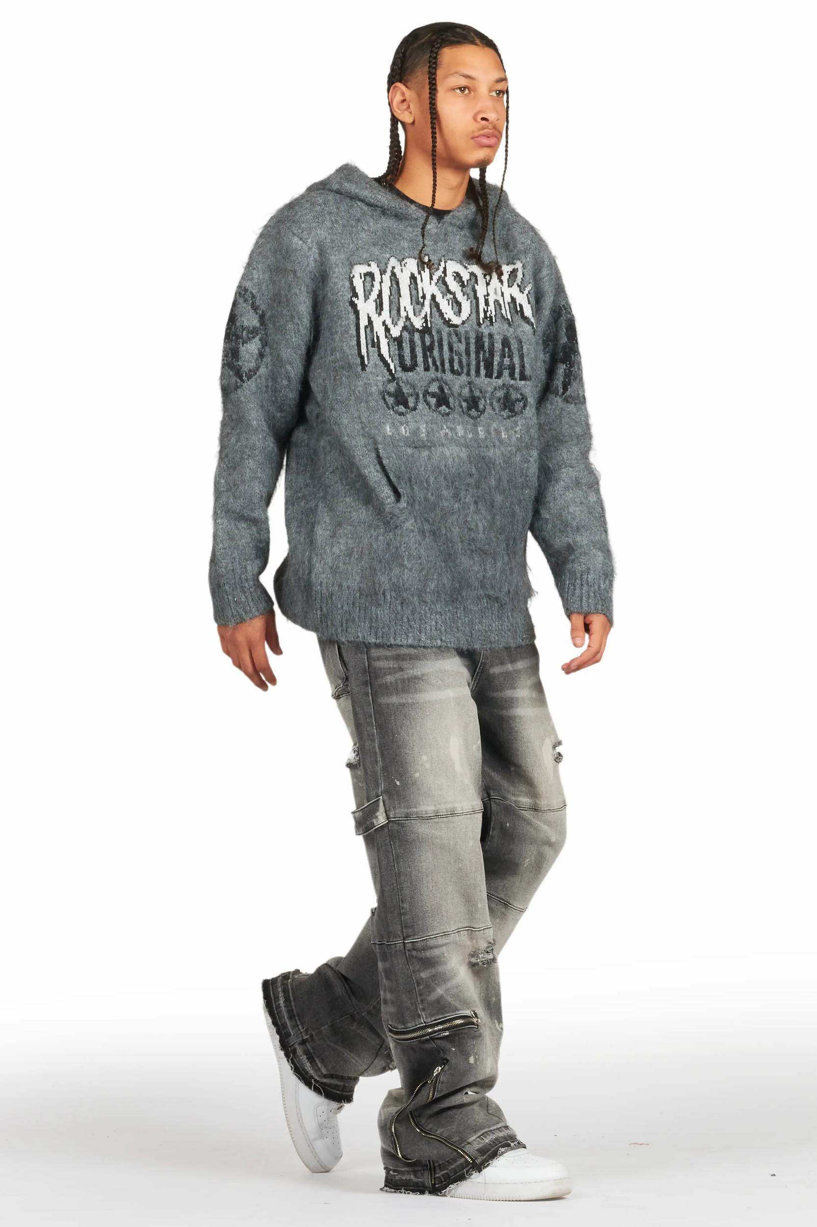 Wizzurd Grey Graphic Knitted Mohair Hoodie Male Product Image