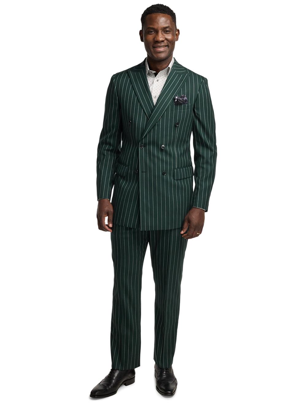 Wool Stretch Stripe Double Breasted Peak Lapel Suit Jacket - Dark Green Product Image