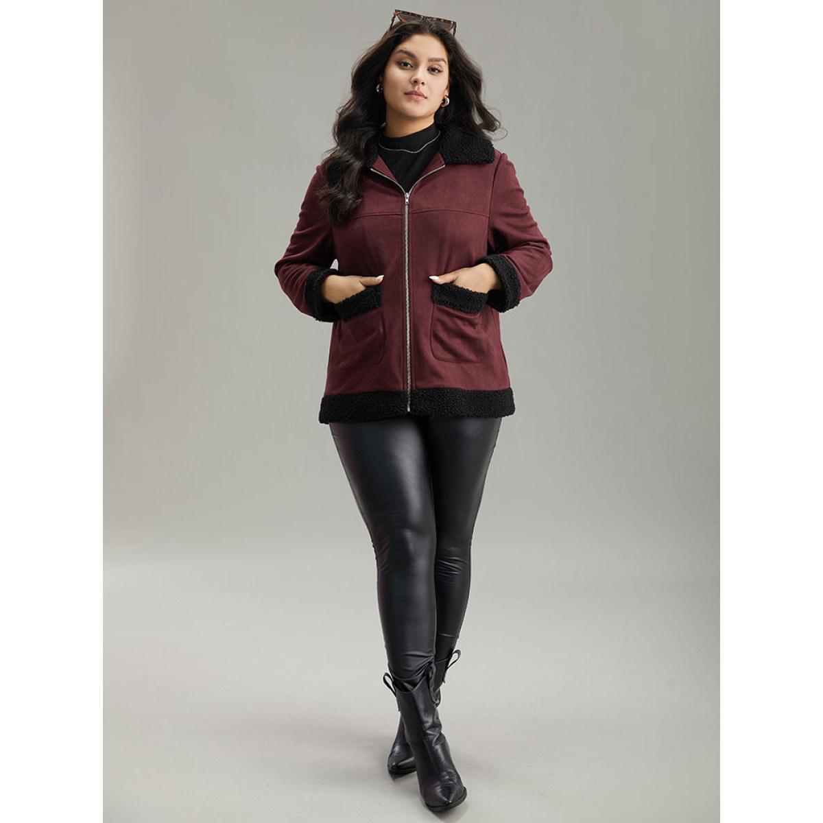 Plus Size Fuzzy Trim Patched Pocket Zipper Jacket Women Burgundy Contrast Pocket Dailywear Jackets BloomChic 30/6X Product Image