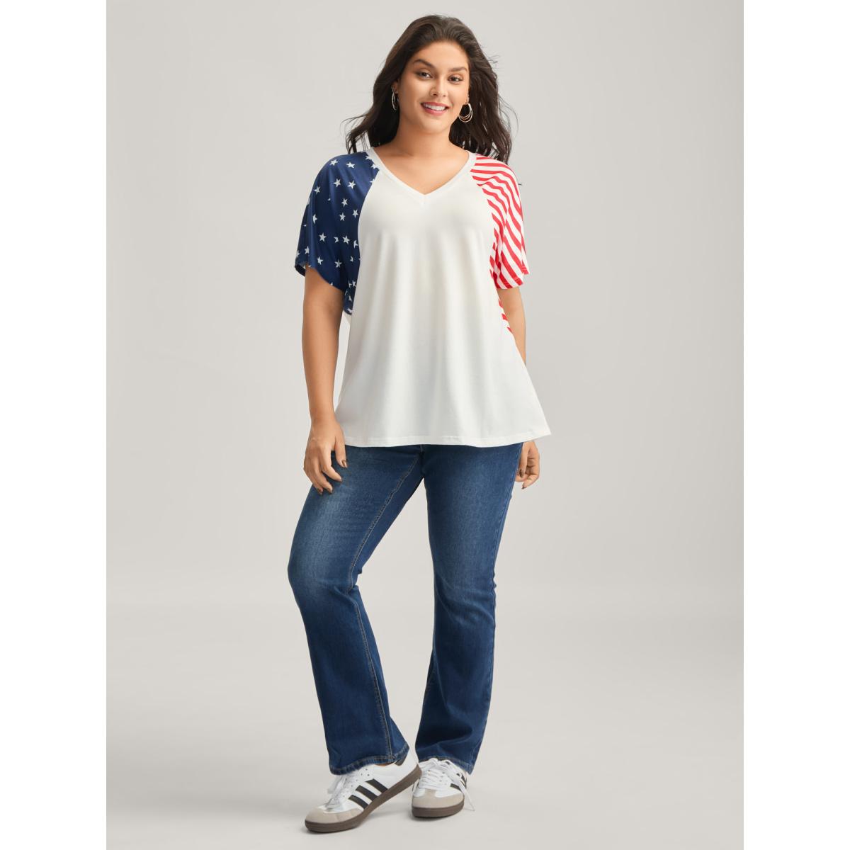 Plus Size American Flag Print V-Neck T-Shirt WhiteSmoke Women Leisure Contrast Country V-neck Casual T-shirts BloomChic 12/L Product Image